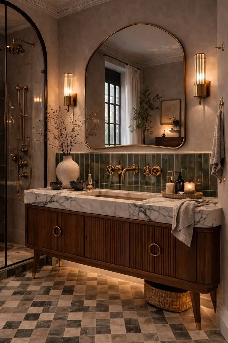 Walnut tambour-front vanity with marble top, green zellige tile splashback and checkerboard floor