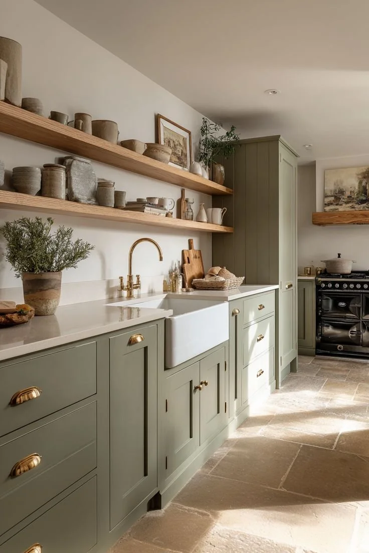 Sage green shaker kitchen with Belfast sink, open shelving and traditional range cooker