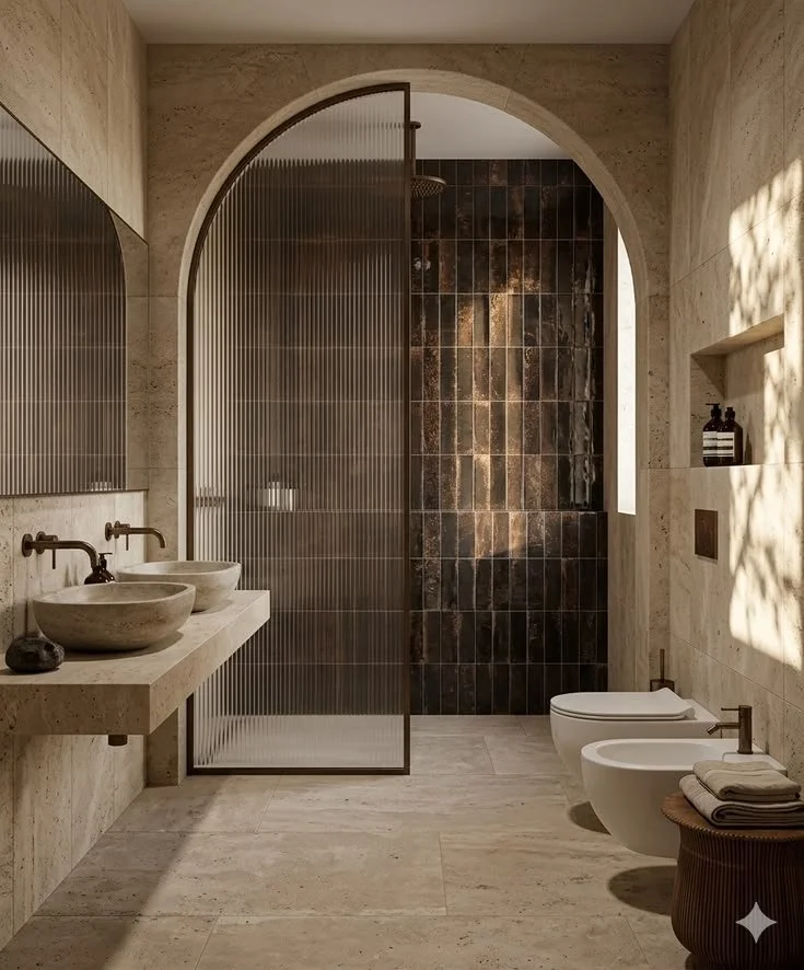 Travertine bathroom with fluted glass arched shower screen and bronze glazed zellige tile