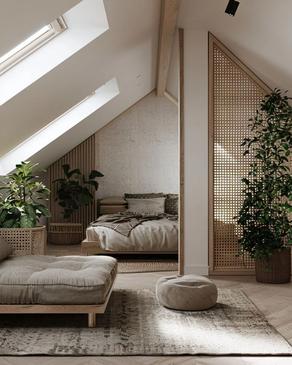 Attic bedroom with sloped skylights, rattan partition screen and indoor plants
