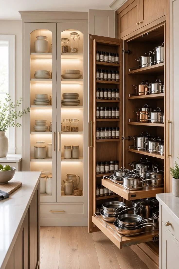 Bespoke kitchen pantry with pull-out storage drawers, lit glass-front cabinets and spice racks