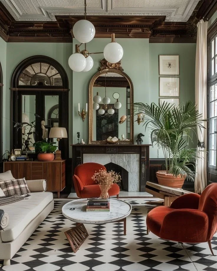 Period living room with ornate ceiling rose, marble fireplace and gilt mirror in a Kennington home