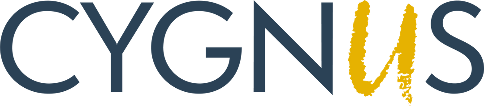 Logo with the word 'CYGNS' in dark blue letters, with the 'V' stylized in yellow with a distressed texture.