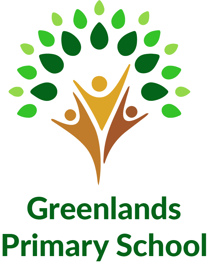 Logo for Greenlands Primary School featuring three stylized human figures in gold and brown forming a tree with green leaves.