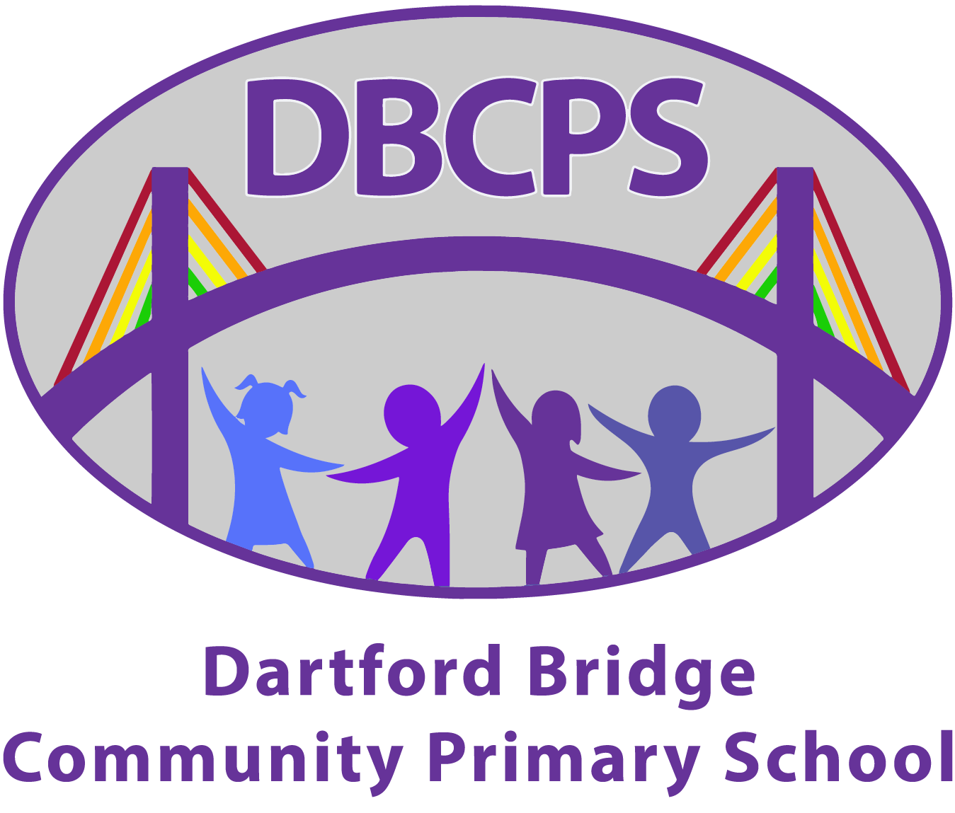 Logo for Dartford Bridge Community Primary School featuring a purple bridge, four children holding hands, and the school name