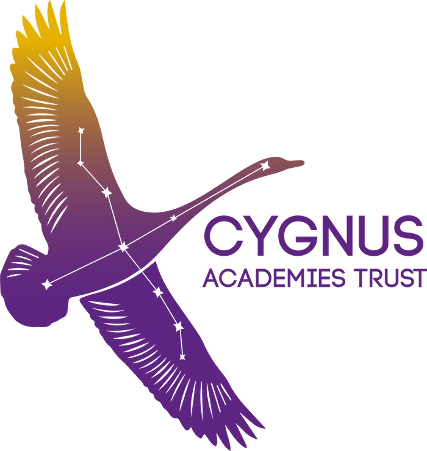 A stylized illustration of a bird with a constellation overlay, featuring the text 'CYGNUS ACADEMIES TRUST' in purple.