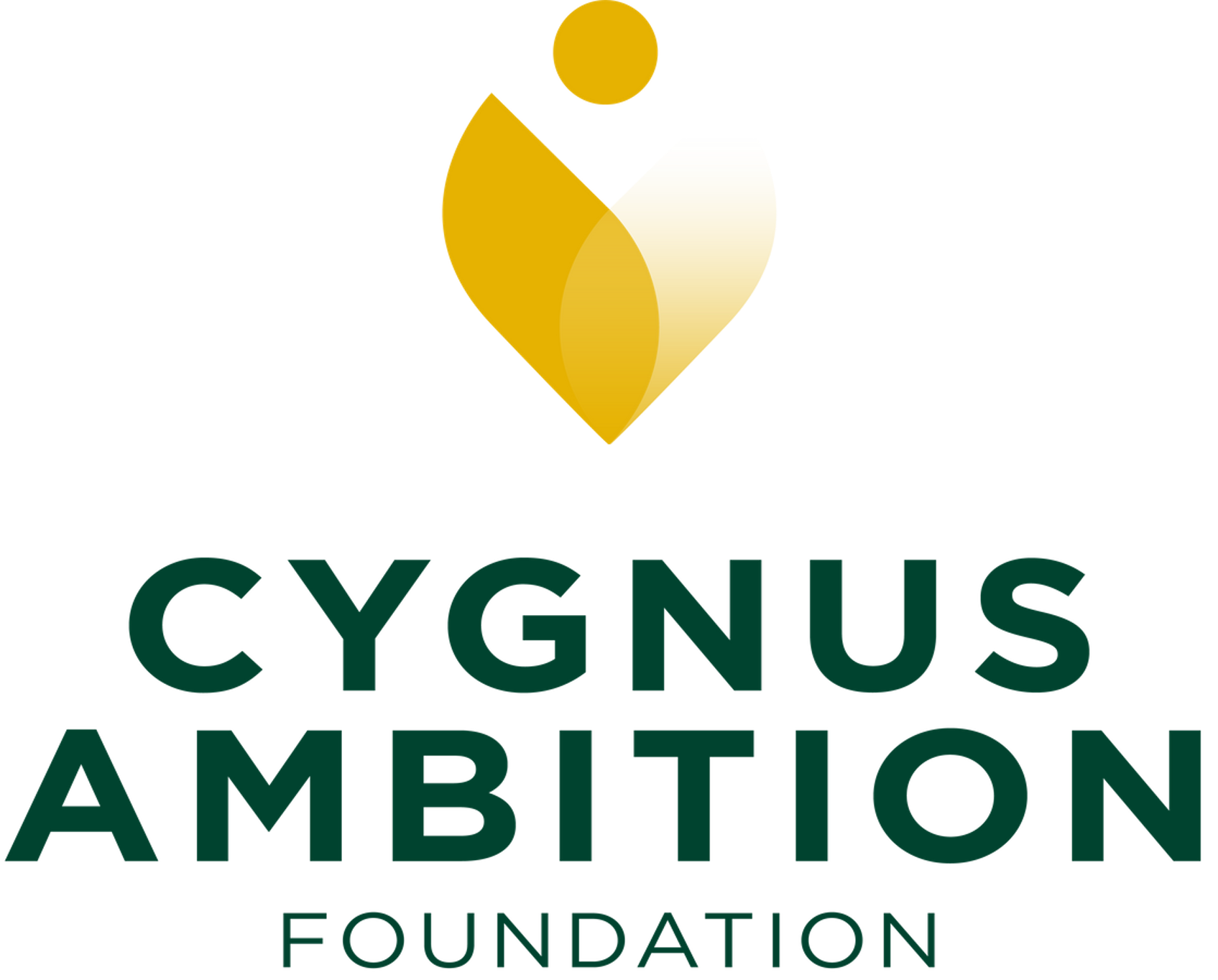 Logo of the Cygnus Ambition Foundation, featuring a stylized golden heart-shaped icon with a circular element at the top, and the foundation's name in bold green and teal text.
