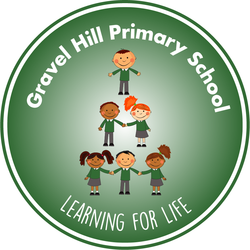 A circular school logo for Gravel Hill Primary School with five cartoon children holding hands, one at the top and four at the bottom, on a green background with white text reading "Gravel Hill Primary School" and "Learning for Life."