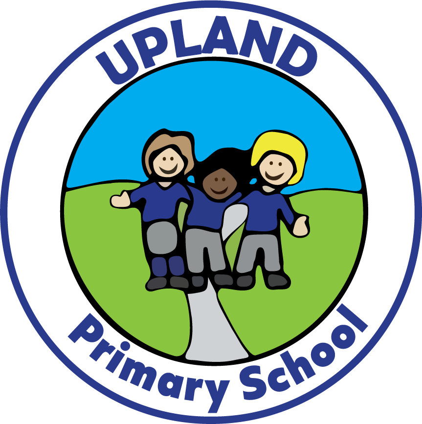 A colorful emblem for Upland Primary School featuring three smiling children standing side by side on grass beside a white pathway, against a blue sky background.