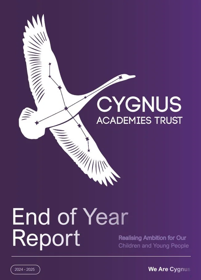 Purple cover of Cygnus Academies Trust End of Year Report 2024-2025 featuring a white silhouette of a flying swan with star chart markings.