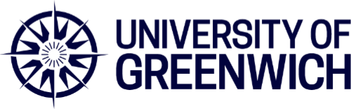 Logo of the University of Greenwich featuring a stylized compass design and the university's name in blue text.