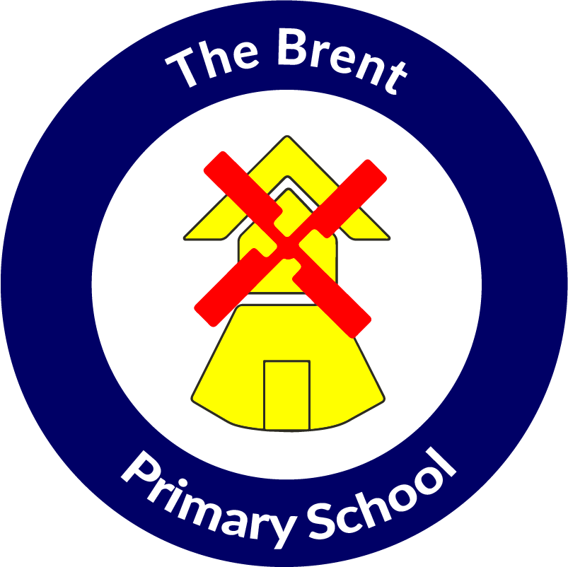 A logo for The Brent Primary School featuring a yellow school building with a triangular roof, overlaid with a red prohibition sign, surrounded by a dark blue circle with white text.