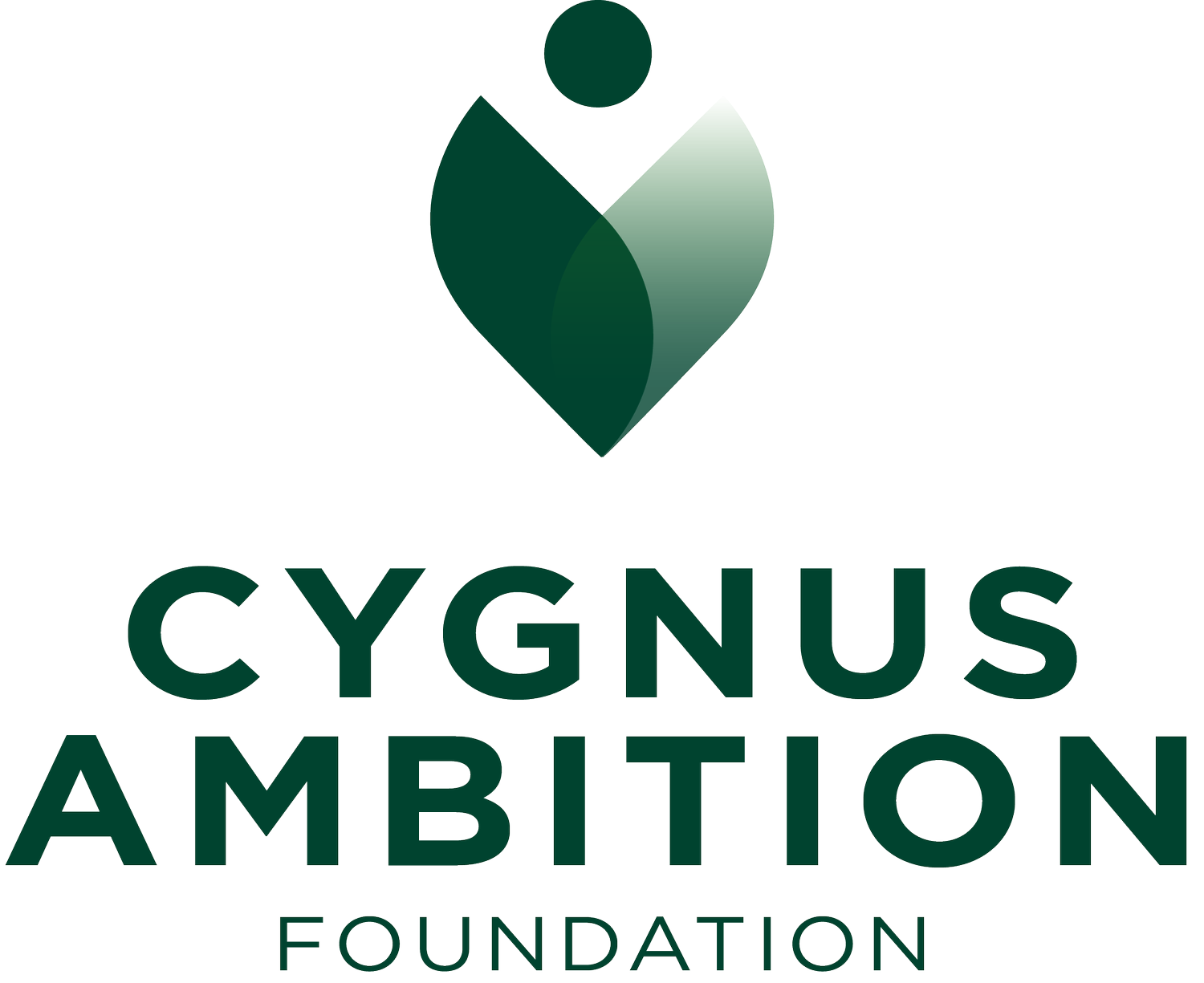 Logo of Cygnus Ambition Foundation featuring a stylized heart-shaped leaf with a circle above, and the organization name in bold green letters.