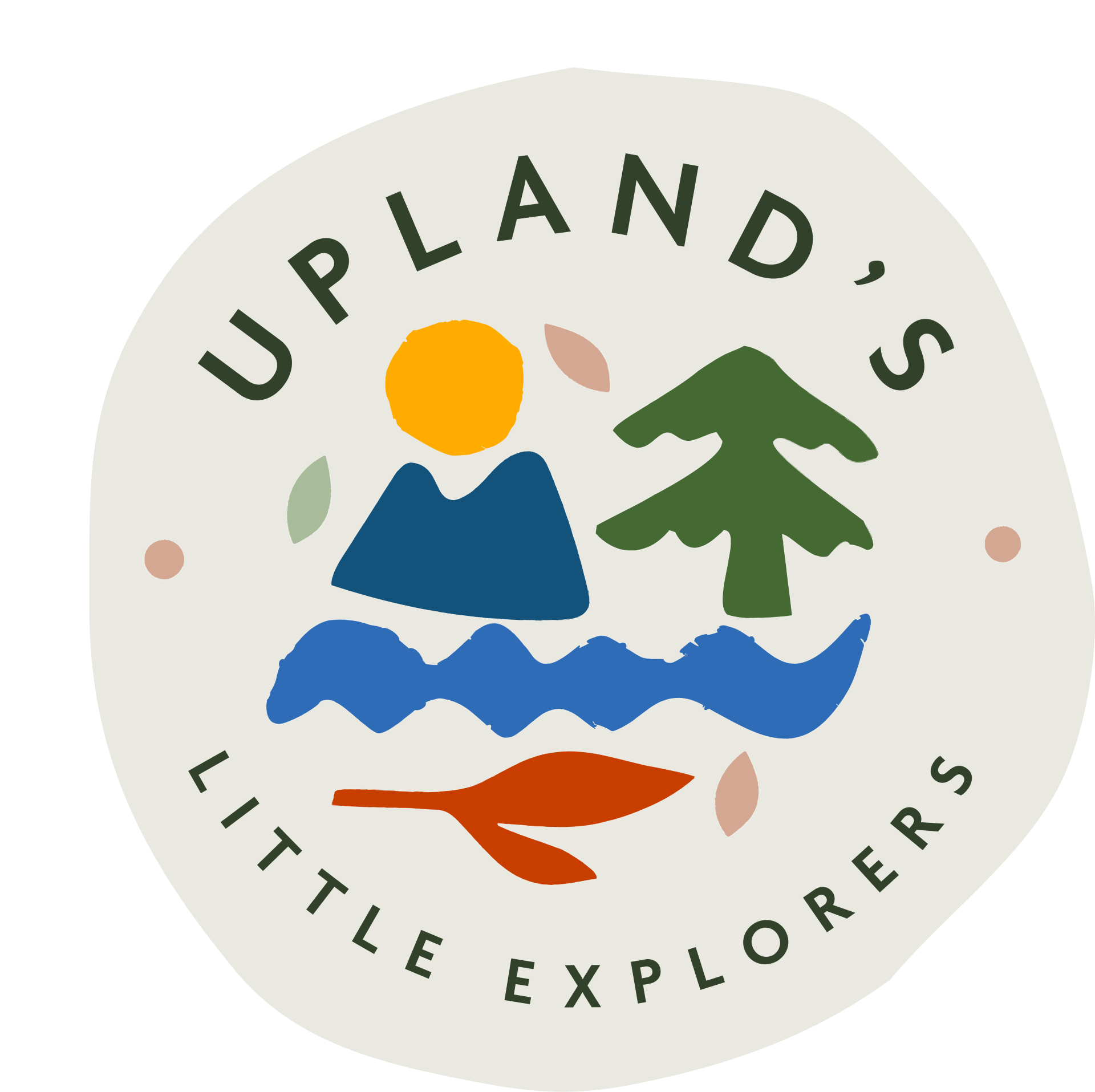 Logo for Up Land, Little Explorers featuring a stylized person with orange hair, blue shirt, green tree, blue wavy water, brown fish, and scattered small pink leaves on a light background.