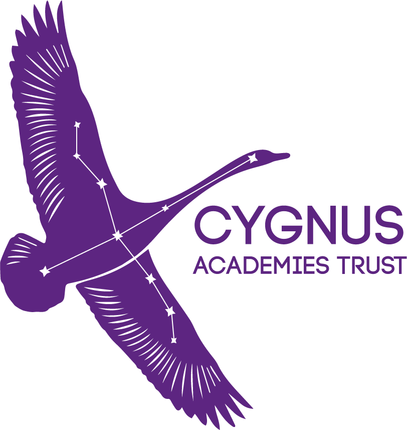 A purple diagram of a flying bird with stars connected by lines forming a constellation across its body, next to the text 'CYGNUS ACADEMIES TRUST'.