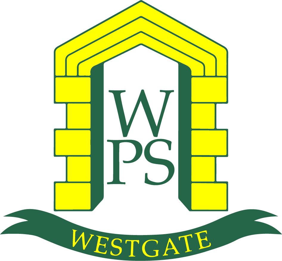 A logo for Westgate with a yellow and green archway and the initials WPS in the center, and a green banner at the bottom with the word WESTGATE.