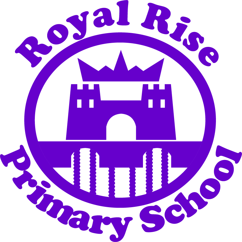 Purple emblem featuring a castle with a tower and gate, surrounded by a circle with the words 'Royal Rise Primary School' written in purple.