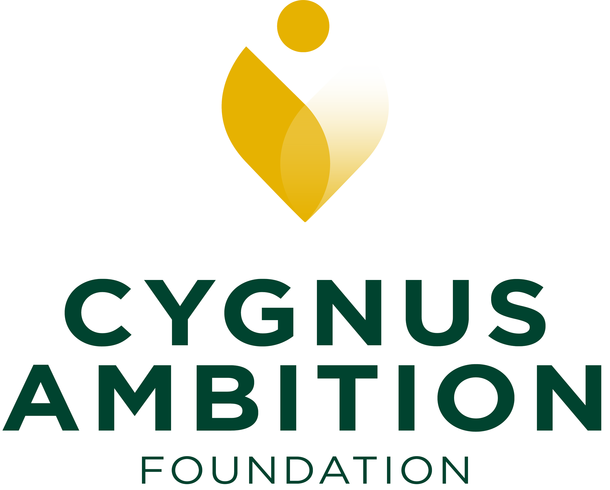 Logo of Cygnus Ambition Foundation, featuring a stylized gold and white heart-shaped symbol with a circle above, and green text.