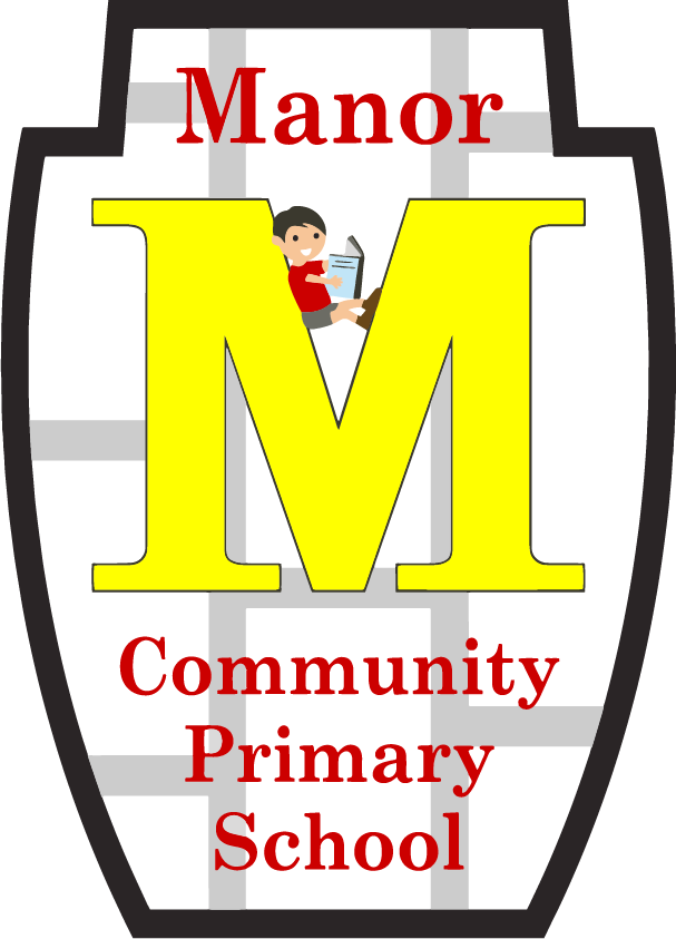 School emblem featuring a large yellow letter M with a young boy reading a book sitting on it, background resembles a shield with black and gray checkered pattern, red text saying 'Manor' at the top and 'Community Primary School' at the bottom.