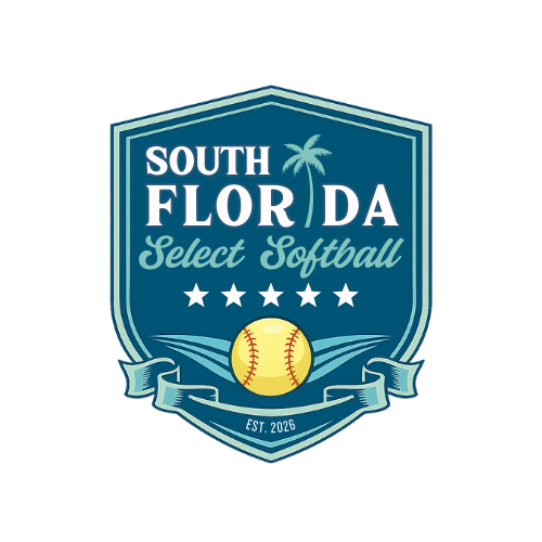 Logo for South Florida Select Softball featuring a shield with a palm tree, stars, a softball, and a banner with 'EST. 2026'.