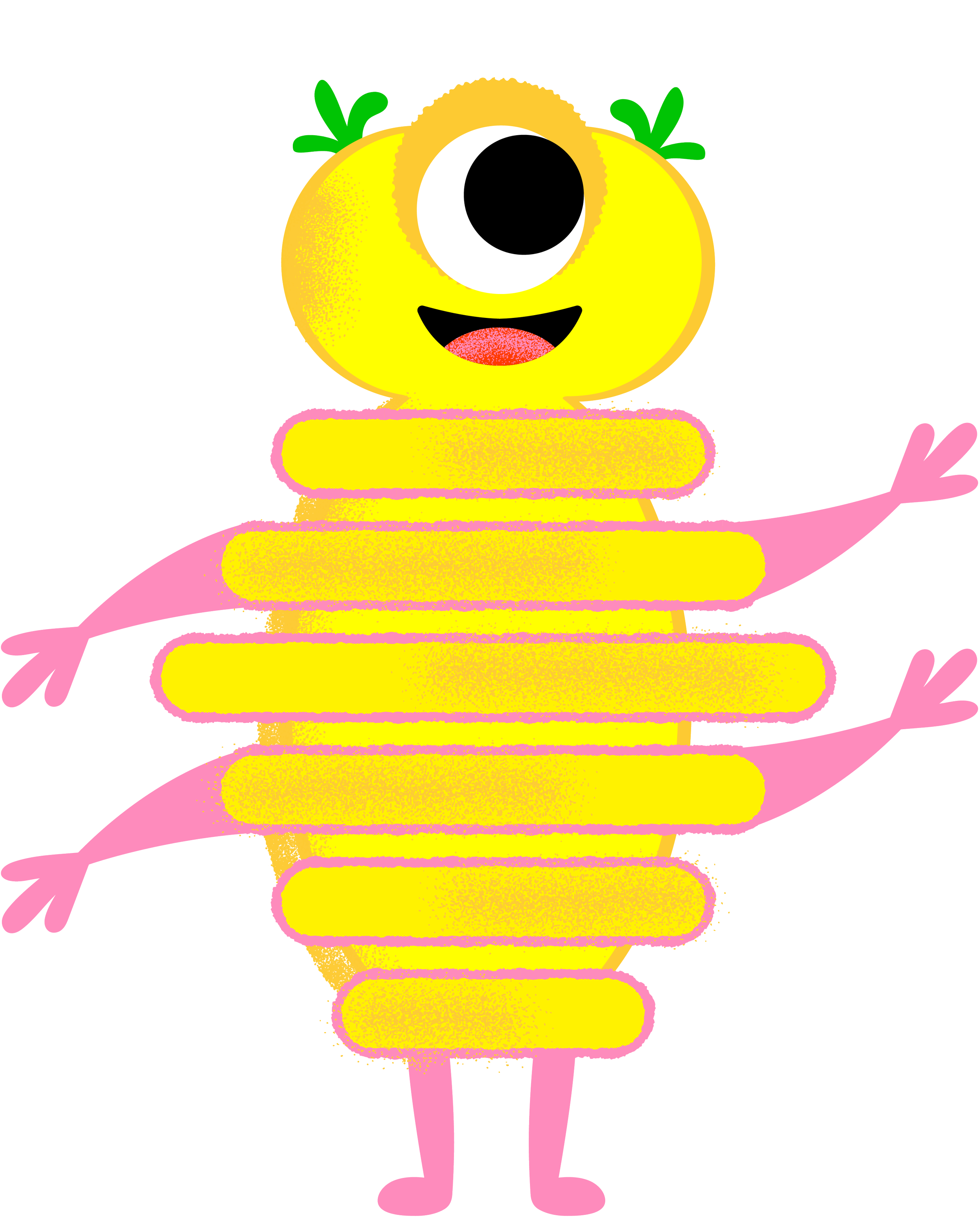 A cartoon character with a yellow spherical body, one large eye, a wide smile, pink arms and legs, green leaves on top of its head, and pink horizontal stripes across its body, resembling a whimsical fruit or vegetable.