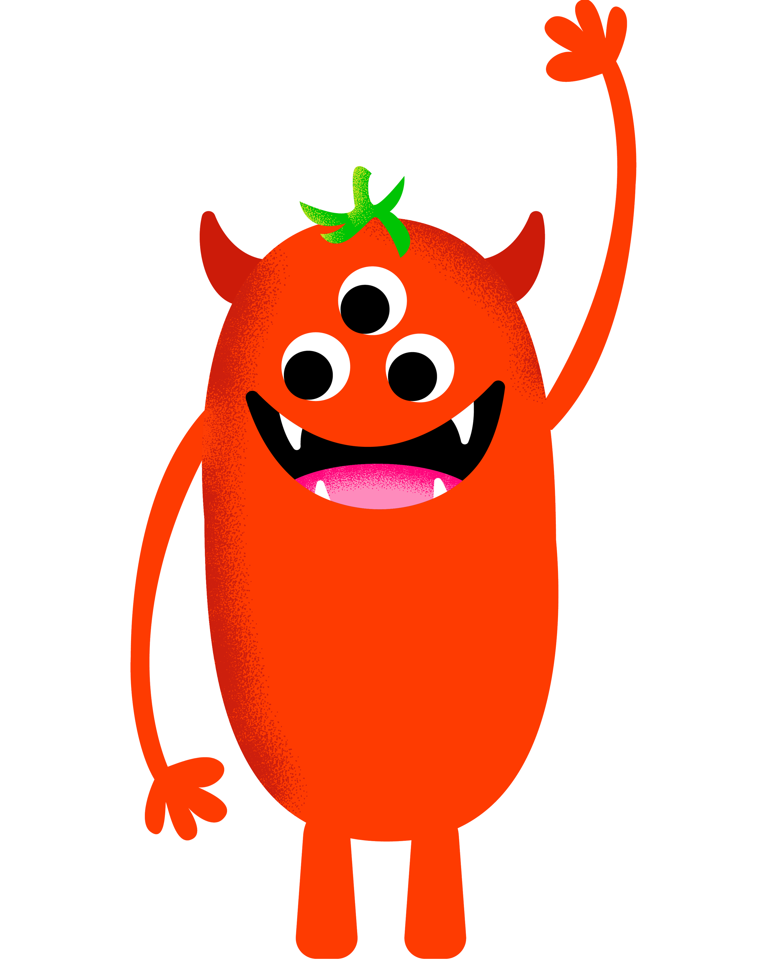 A cartoon orange monster with three eyes, two horns, pointy teeth, and a wide smile, holding up its right arm with four fingers, and standing against a black background.