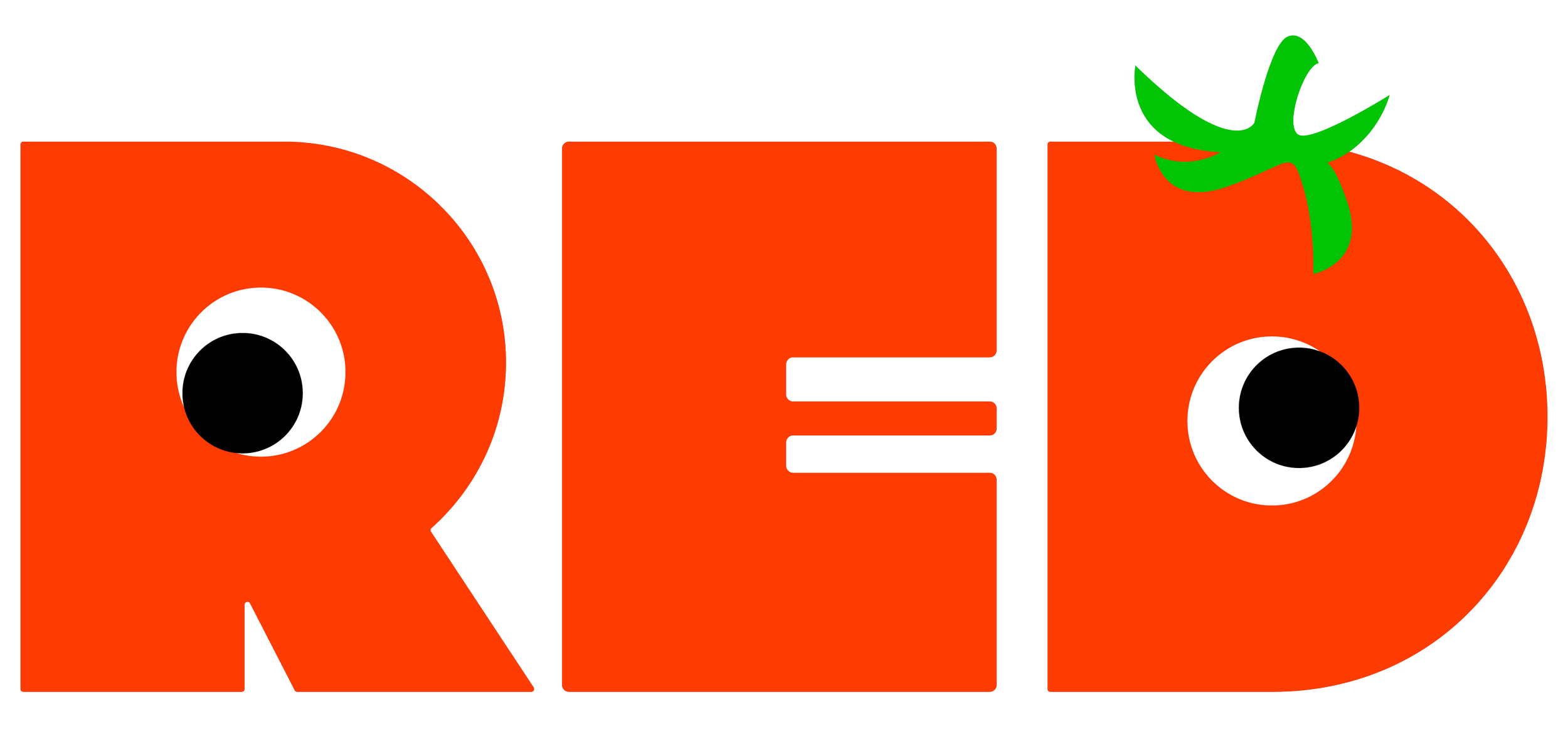 The word 'RED' in bold red letters with cartoonish eyes, and a small green tomato stem on the letter 'D'.