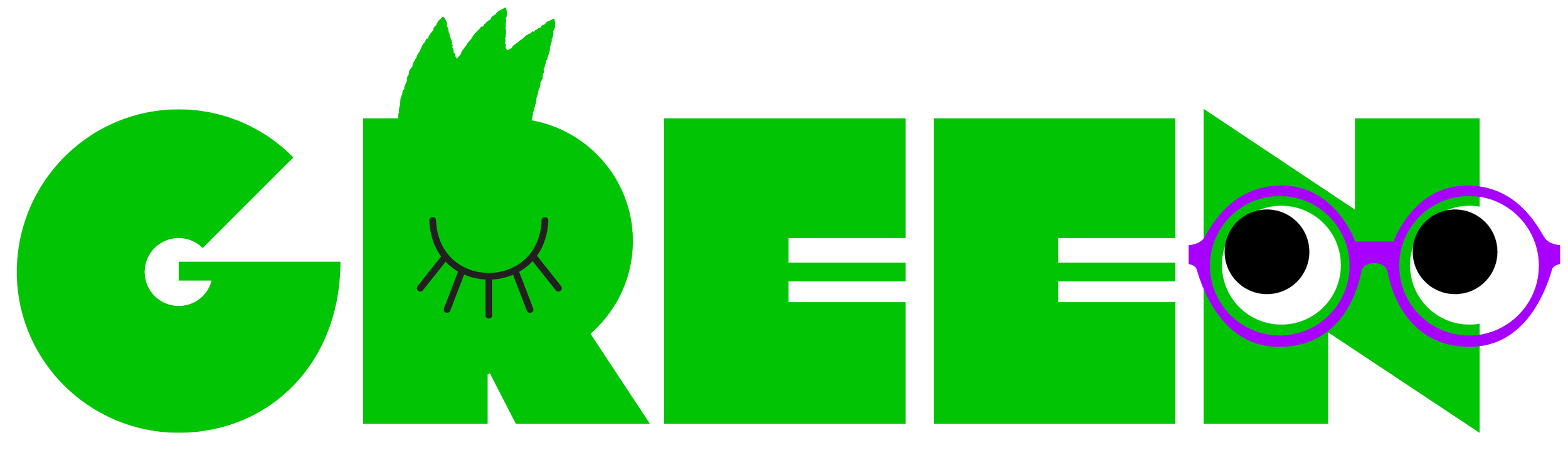 Graphic with the word 'GREEN' in bold green letters, with a smiling pineapple illustration as the 'O' and purple glasses over the 'V' in the word.