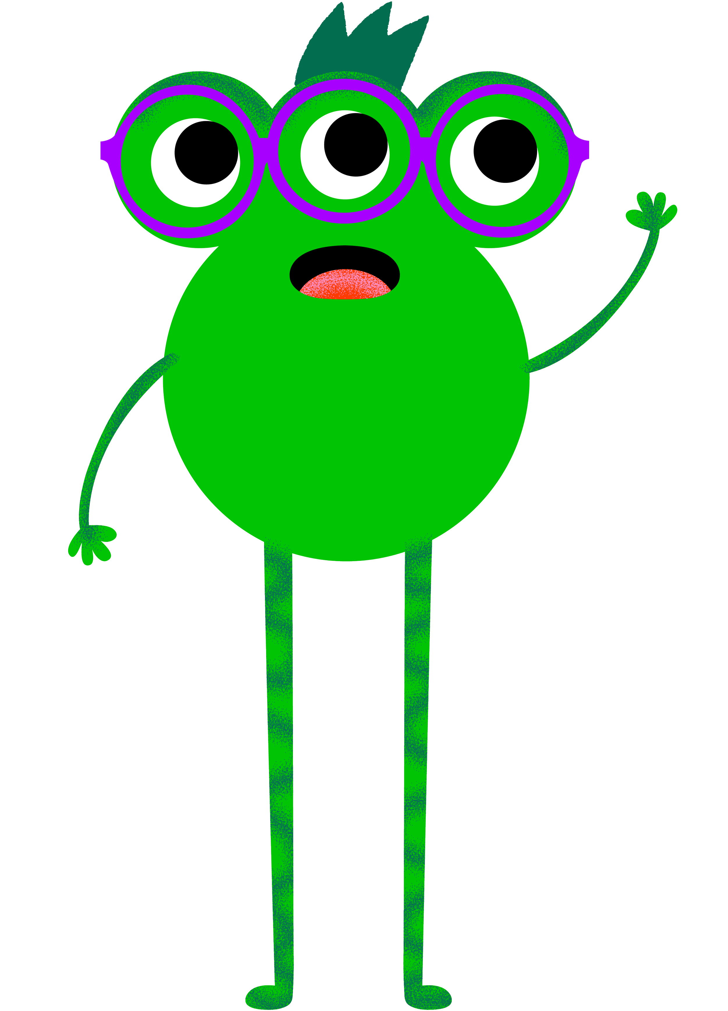 A cartoon green alien with three eyes, purple glasses, spiky hair, and long thin legs, waving with one hand.