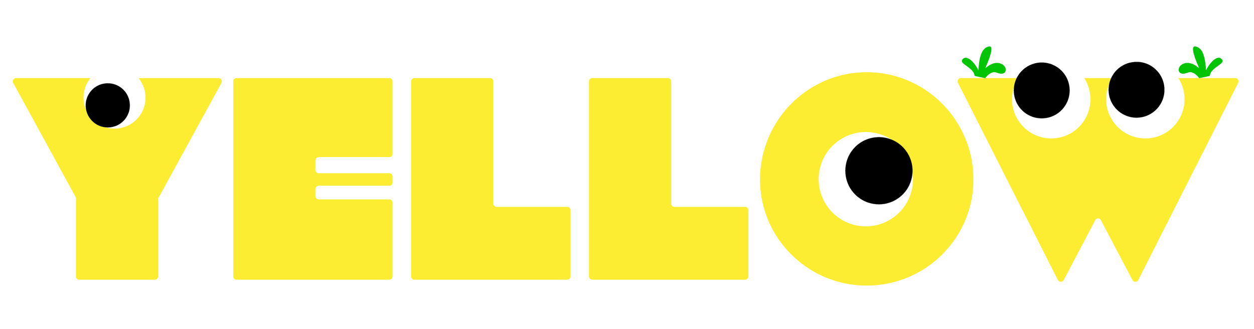 Colorful animated text spelling 'YELLOW' with googly eyes and small green leaves on the yellow letters.