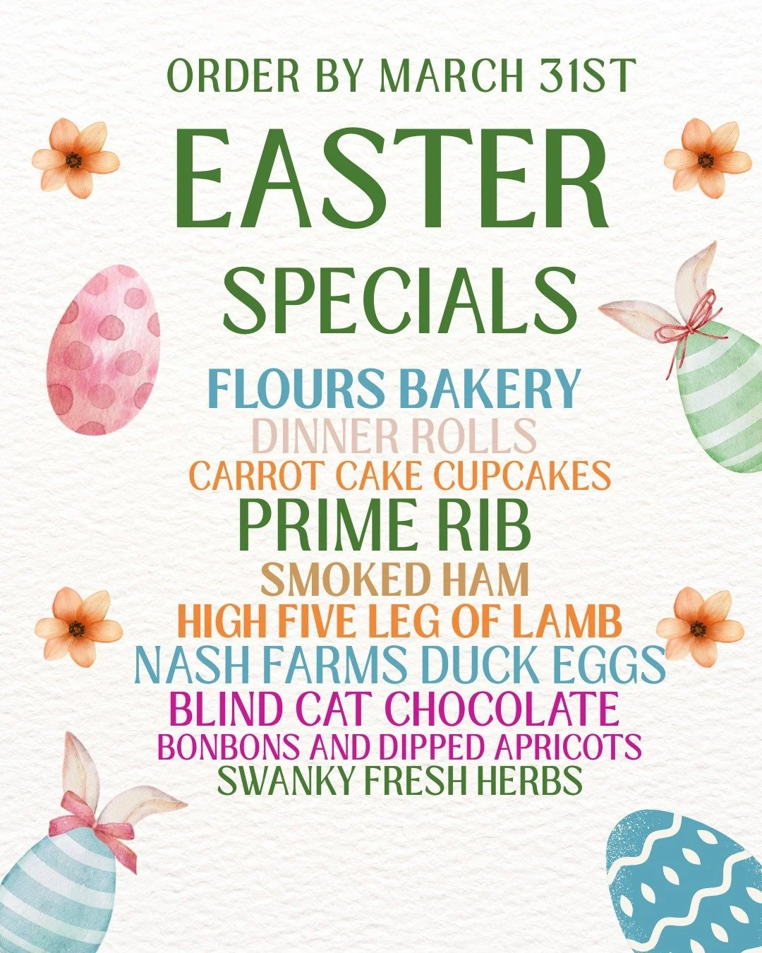 Easter Week ordering is live and this might be one of our favorite weeks of the year.

We&rsquo;ve got handmade Easter treats from Blind Cat Chocolate including beautiful bonbons and chocolate dipped apricots, High Five Meats is stocked with lamb for