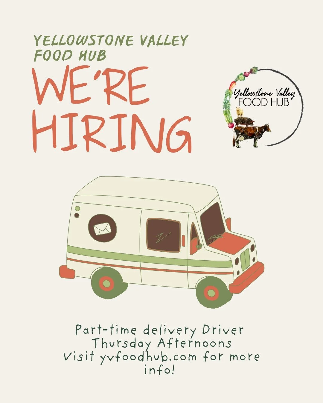 We're Hiring in Billings, MT!

Part-Time Delivery Driver Needed!

Looking for a flexible, fun, and rewarding part-time job? The Yellowstone Valley Food Hub is hiring a Thursday Delivery Driver (3-6:30 PM) &ndash; with the option for more hours!

✅ Mu
