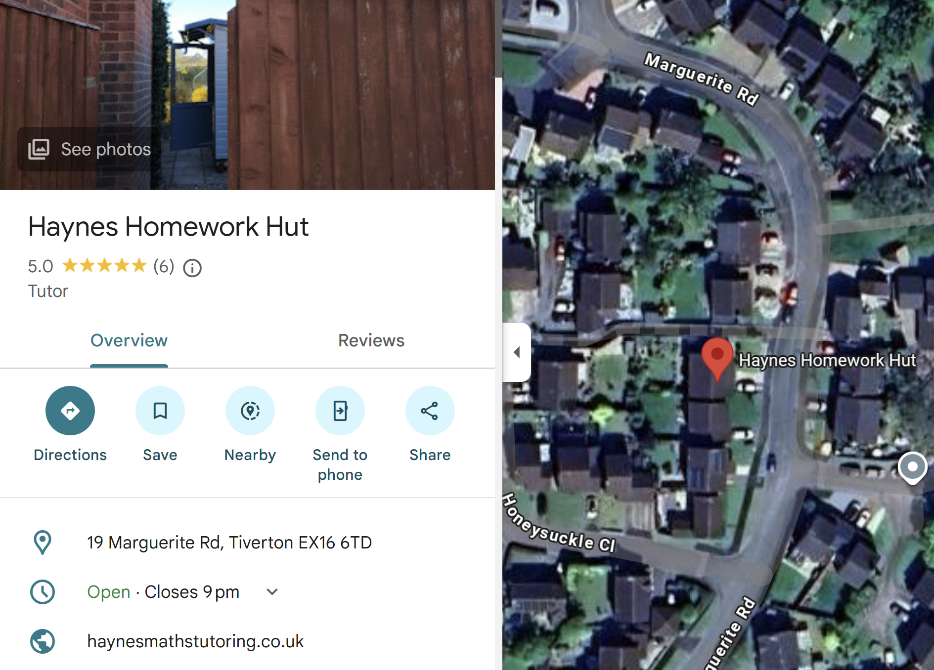 A screenshot of a Google business profile for Haynes Homework Hut, a tutor located at 19 Marguerite Road in Tiverton. The profile includes an exterior photo of a wooden fence with a blue mailbox and evergreen trees in the background. The map shows a neighborhood with streets labeled Marguerite Road and Honeysuckle Close, and the location pin marking the tutor's address.
