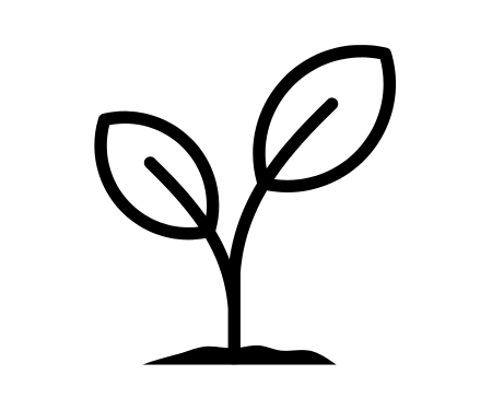 A simple black outline drawing of a young plant with two leaves, sprouting from the ground.
