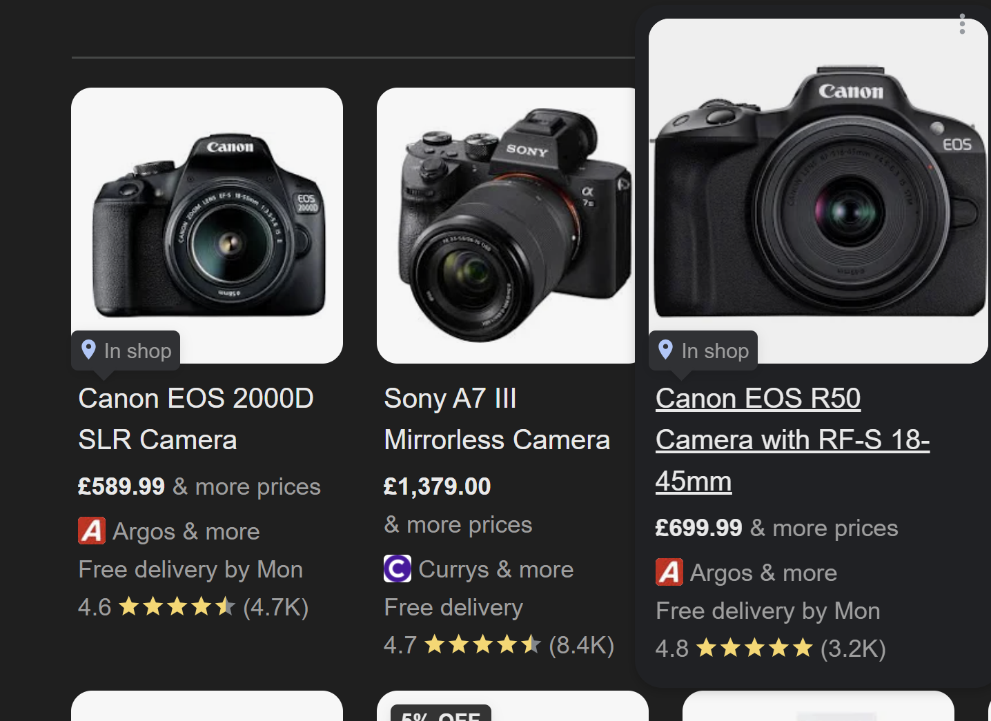 Three digital cameras are displayed in an online shopping interface: a Canon EOS 2000D DSLR camera, a Sony A7 III mirrorless camera, and a Canon EOS R50 camera with RF-S 18-45mm lens.