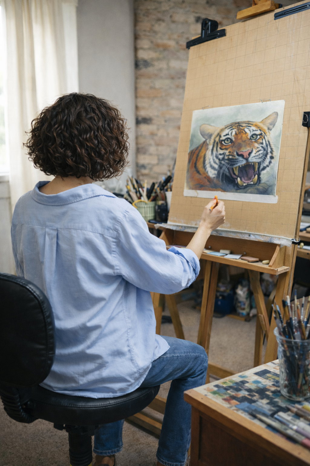 Wildlife artist JH creating a realistic tiger portrait on an easel in a well-lit art studio.