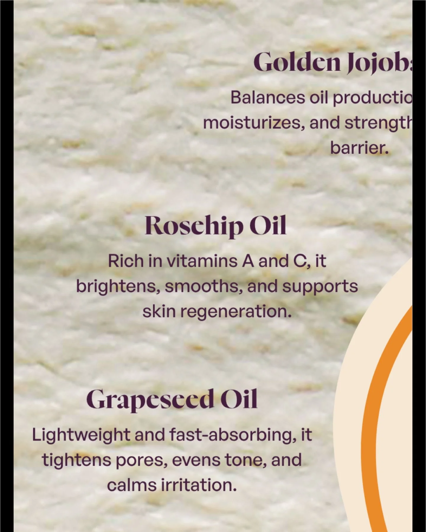 The Foundation of Radiant Skin 
Every glow begins with nourishment. These six ingredients protect, repair, and replenish your skin from within.
✨ Golden Jojoba Oil balances natural oils and strengthens the skin barrier for lasting moisture.
🌹 Rose