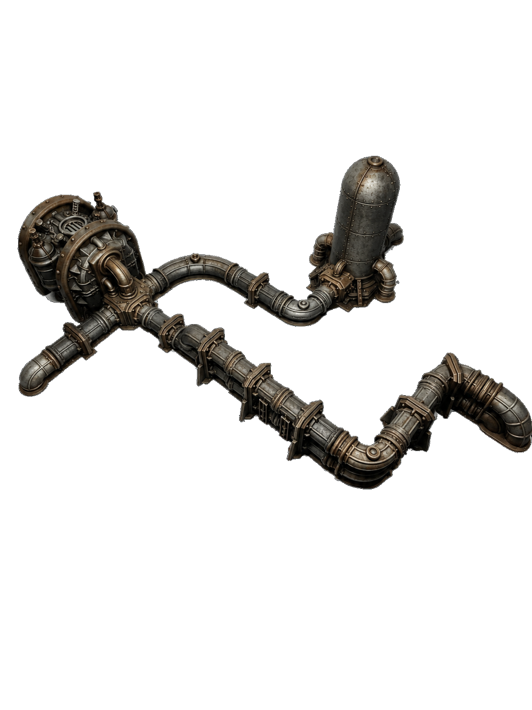 Steampunk-style industrial pipe machinery with various valves, joints, and cylindrical components connected by metallic pipes.