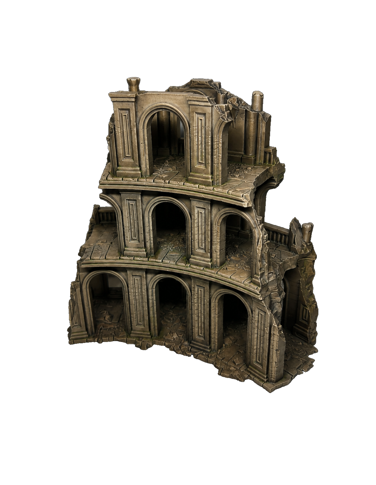 Three-tiered ruined building model with arches, columns, and broken sections, resembling an old, abandoned structure.