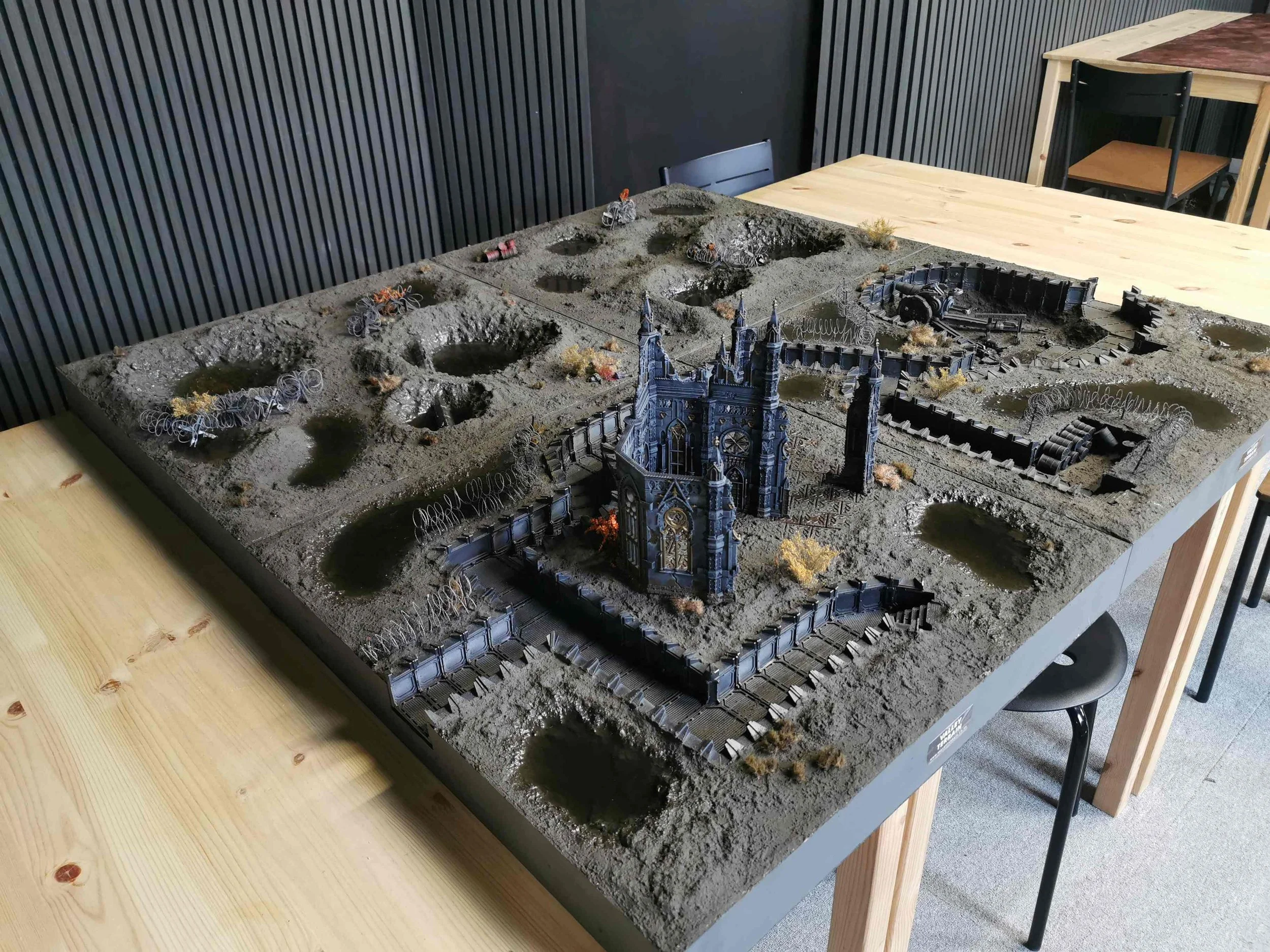 Custom tabletop terrain board with gothic ruins, roads and detailed battlefield scenery