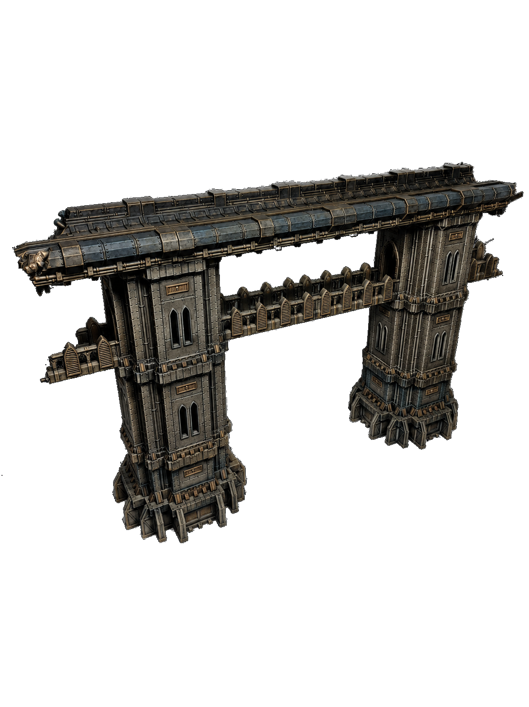 A 3D model of a futuristic industrial bridge with two tall towers connected by a horizontal platform, featuring metallic and steampunk-inspired details.