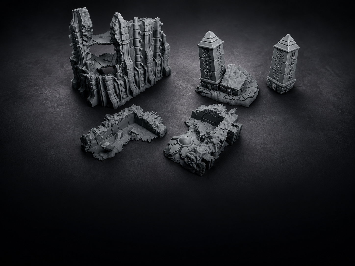A compact set of mysterious alien ruins and towering structures. Perfect for building a striking sci-fi battlefield centrepiece.