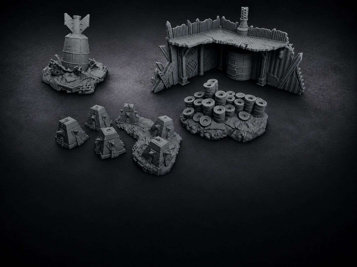 Industrial junkyard terrain packed with ramshackle cover and battlefield detail. A great starting set for gritty wasteland boards.