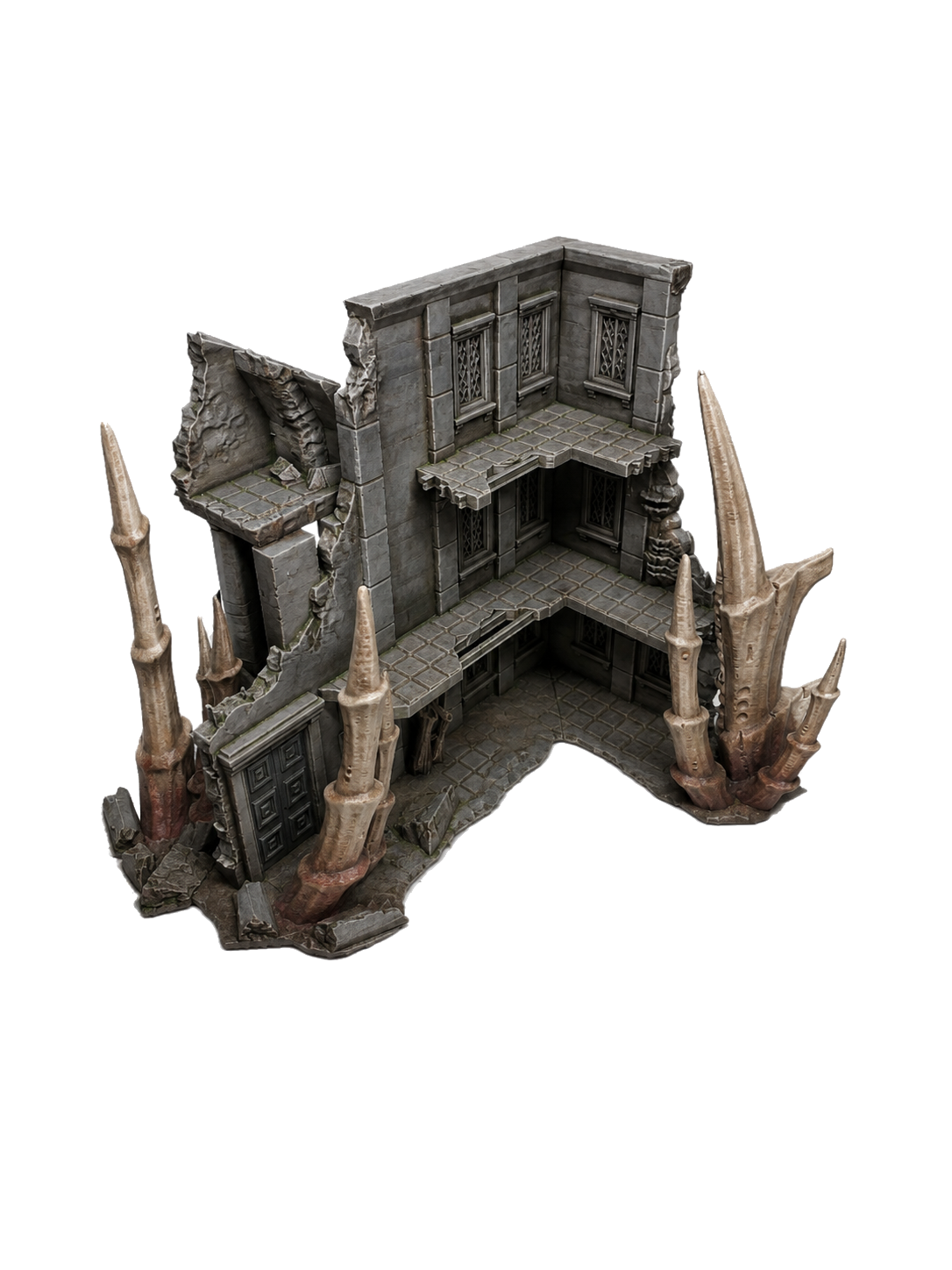 Ruined urban wargaming terrain with infected growths for horror and sci-fi games