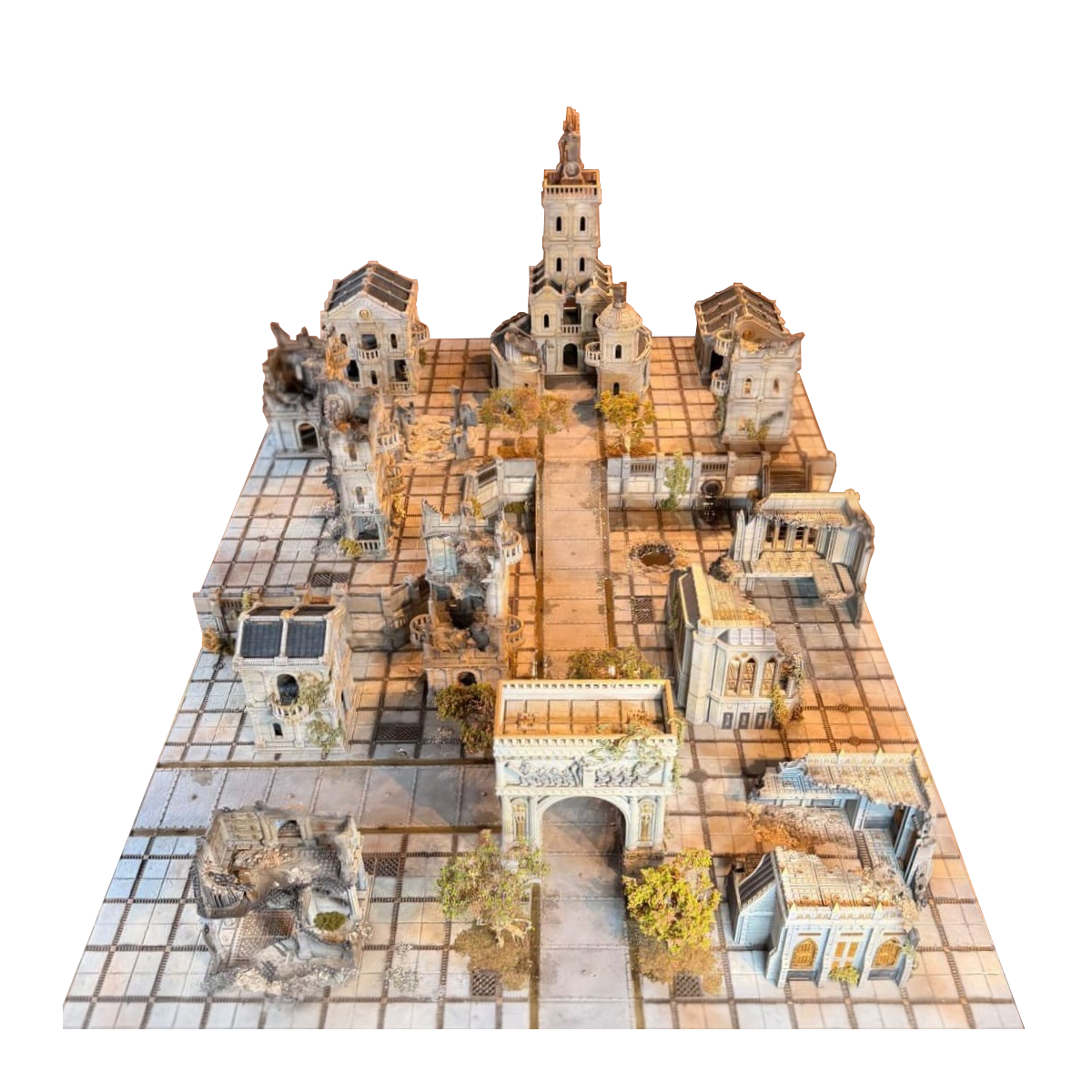Large custom wargaming board with multiple terrain zones and tabletop scenery