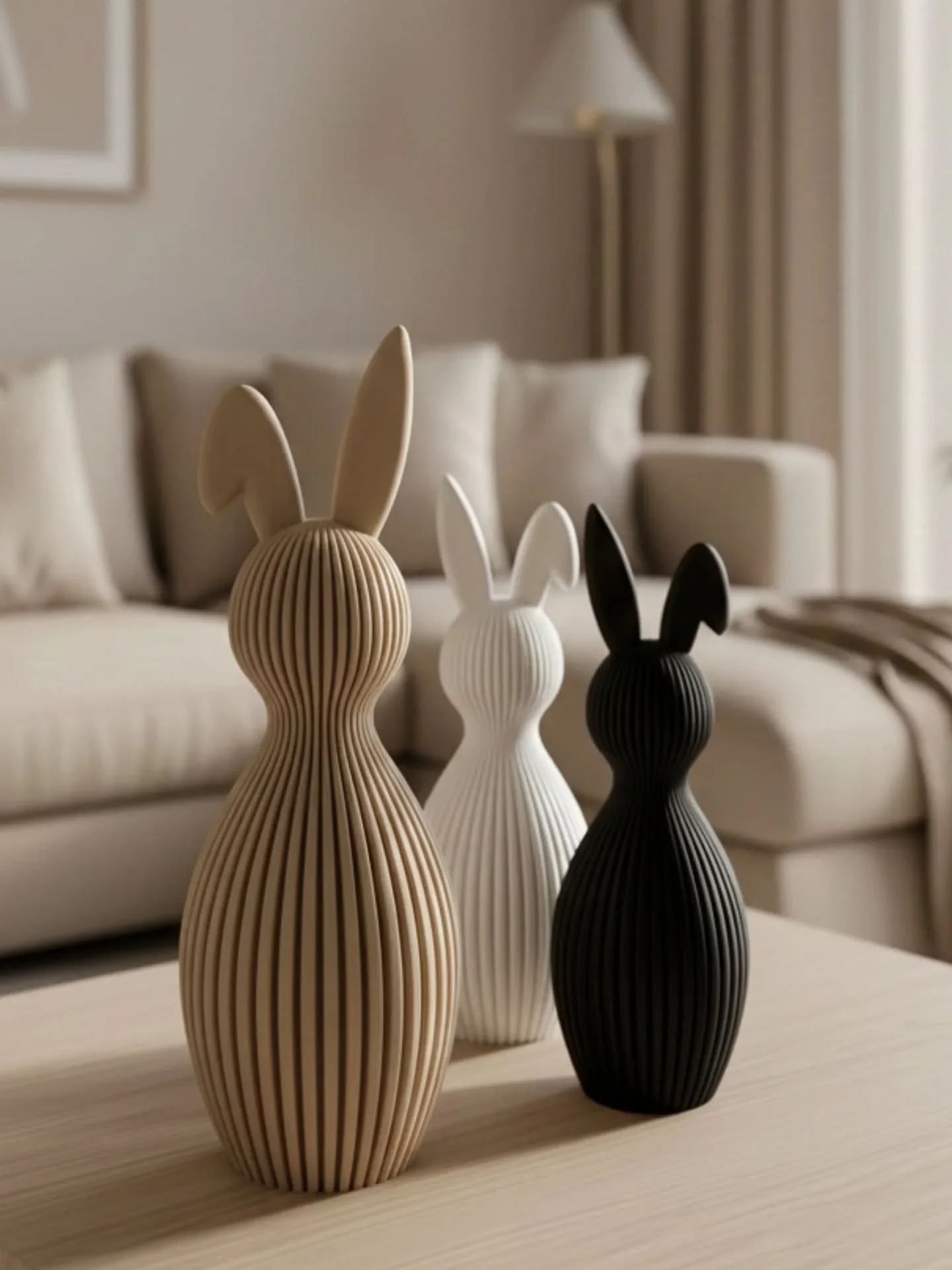 Bringe Freude ins Osterfest mit diesen 3D-gedruckten Hasen in zeitgem&auml;&szlig;em Stil. 

Modernes, minimalistisches Design mit feiner Oberfl&auml;chenstruktur sorgt f&uuml;r zur&uuml;ckhaltende Eleganz. 

Das Set in drei harmonischen Erdt&ouml;ne