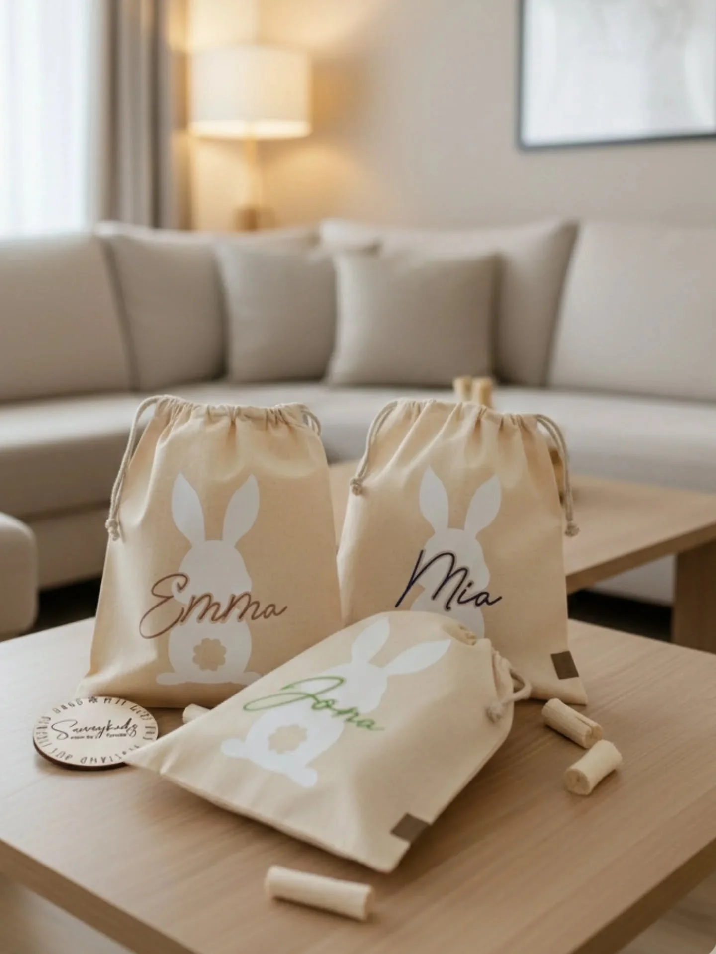 Verschenke Freude zu Ostern mit unseren s&uuml;&szlig;en Baumwoll-S&auml;ckchen! 

Die niedlichen Hasenmotive und die M&ouml;glichkeit der Personalisierung machen jedes S&auml;ckchen zu einem einzigartigen Geschenk. W&auml;hle aus einer Vielzahl von 