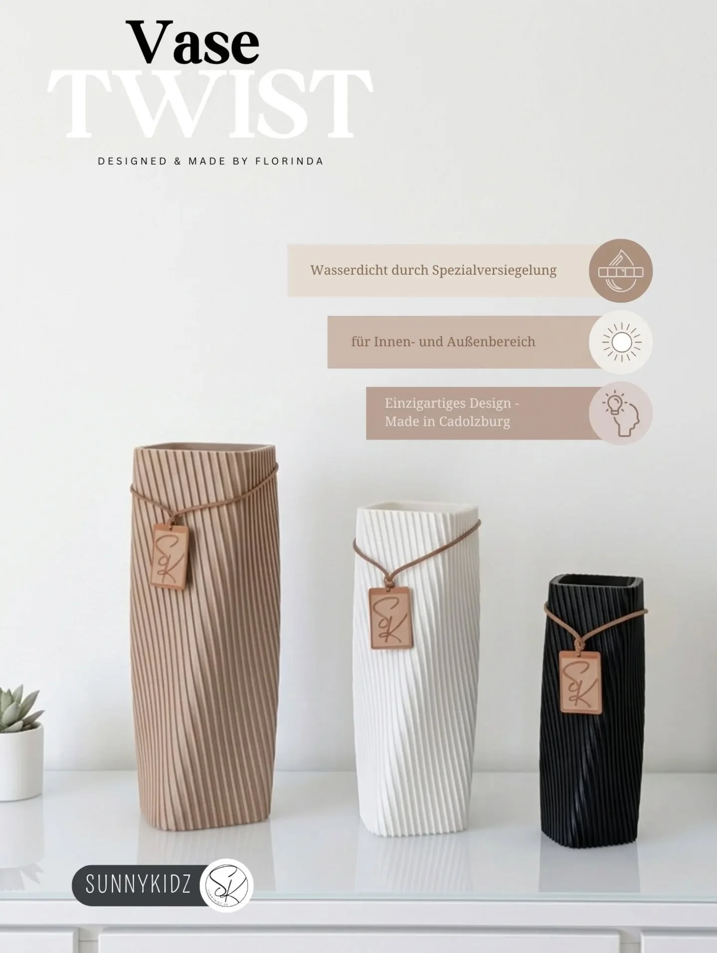 Unsere Vase TWIST ist ein von uns entwickeltes Unikat, das sich durch eigenst&auml;ndiges Design deutlich von der Masse abhebt.

Im Gegensatz zu den handels&uuml;blichen 3D- Druck Vasen verwenden wir hochwertiges PETG, das f&uuml;r seine besondere Ro