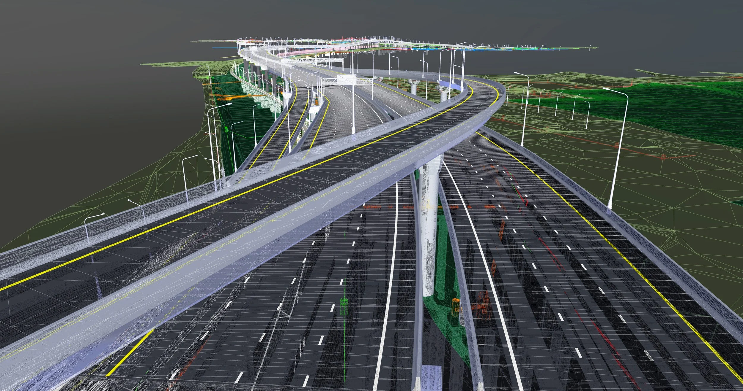 Digital rendering of a multi-level highway interchange with overpasses, streetlights, and green landscape surroundings, showing a detailed perspective view.
