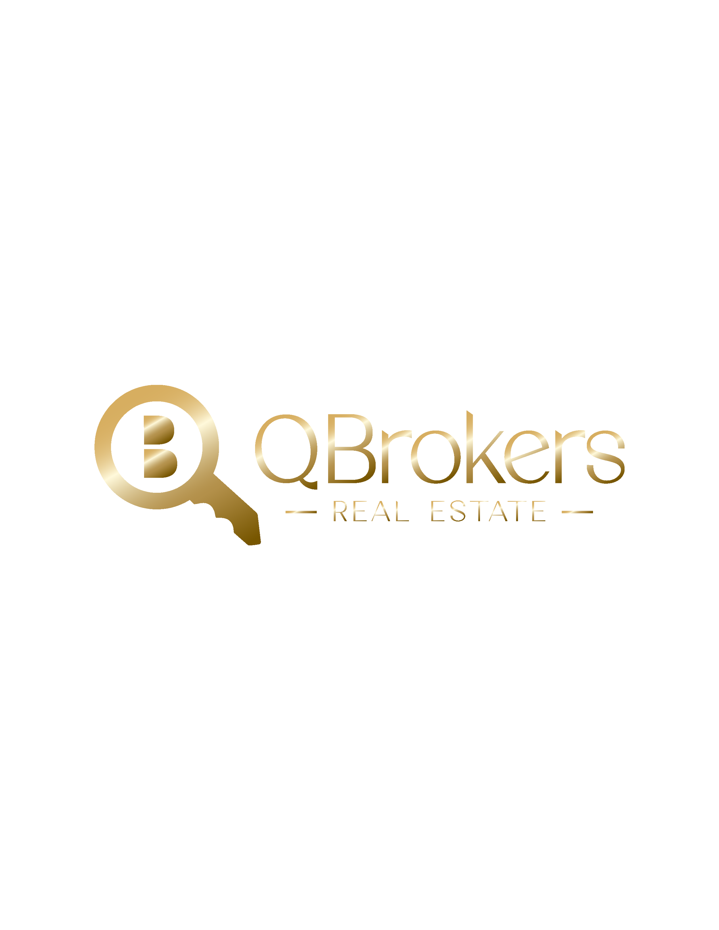 El logotipo de QBrokers Real Estate en colores dorados con texto en inglés y una llave con la letra Q de Quality.  Anteriormente conocido como QBrito Real Estate